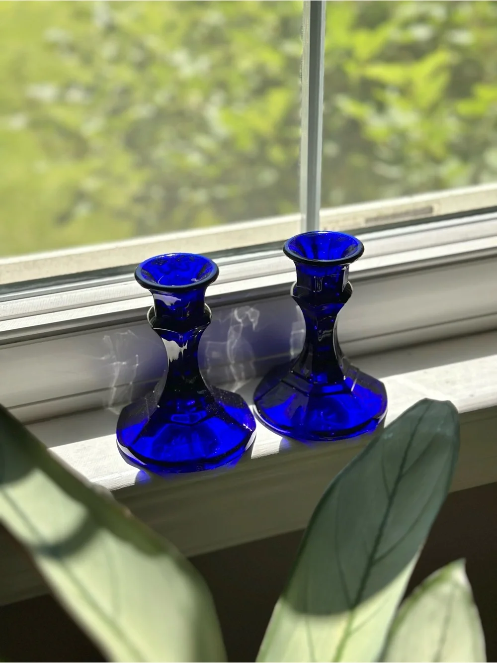 Vintage Cobalt Blue Glass Candlestick Pair